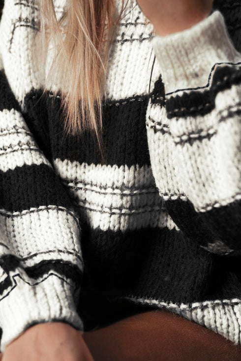 Striped Knit Puff Sleeve Casual Sweater
